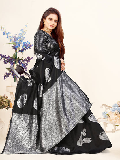 Vedant Vastram Litchi Silk Designer Banarasi Saree - Black