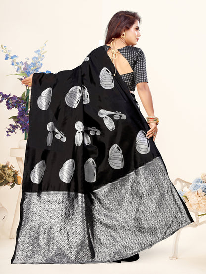 Vedant Vastram Litchi Silk Designer Banarasi Saree - Black