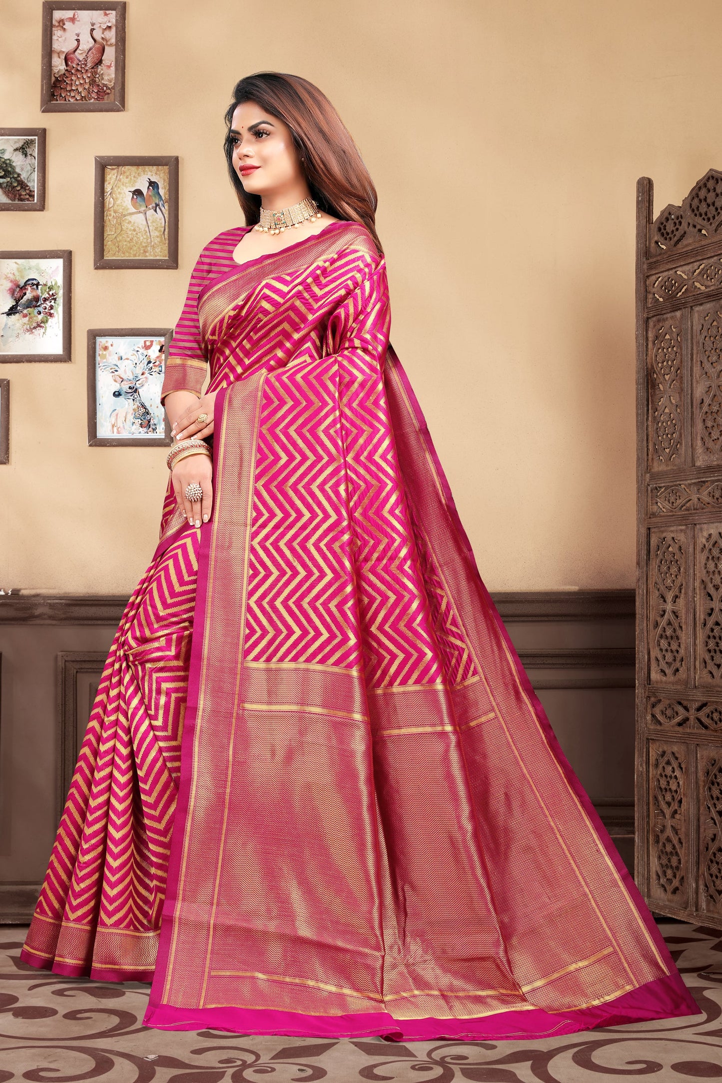 Vedant Vastram Litchi Silk Designer Banarasi Saree - Magenta