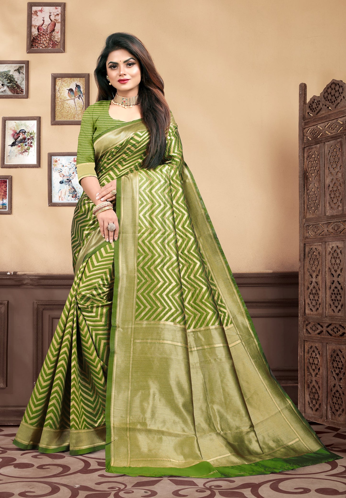 Vedant Vastram Litchi Silk Designer Banarasi Saree - Mehndi