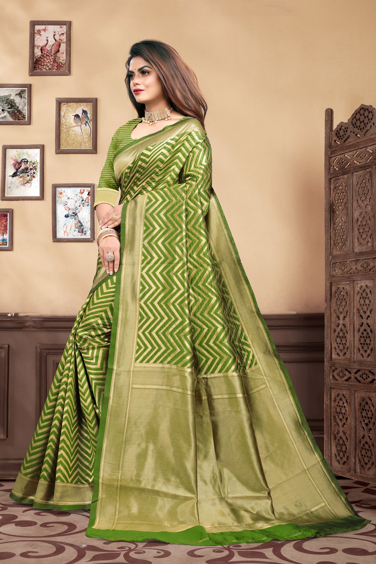 Vedant Vastram Litchi Silk Designer Banarasi Saree - Mehndi