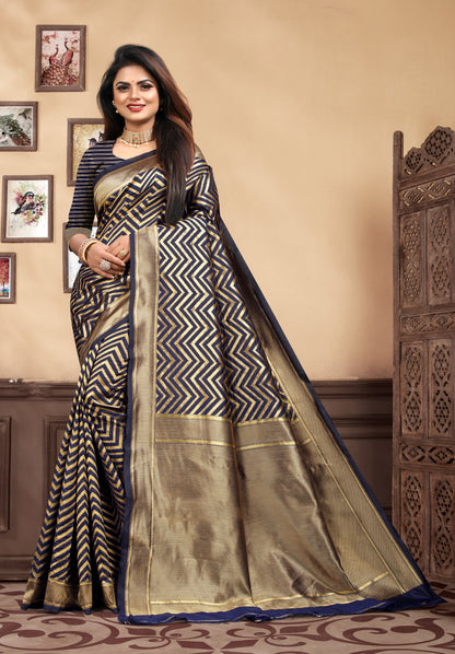 Vedant Vastram Litchi Silk Designer Banarasi Saree - Navy Blue