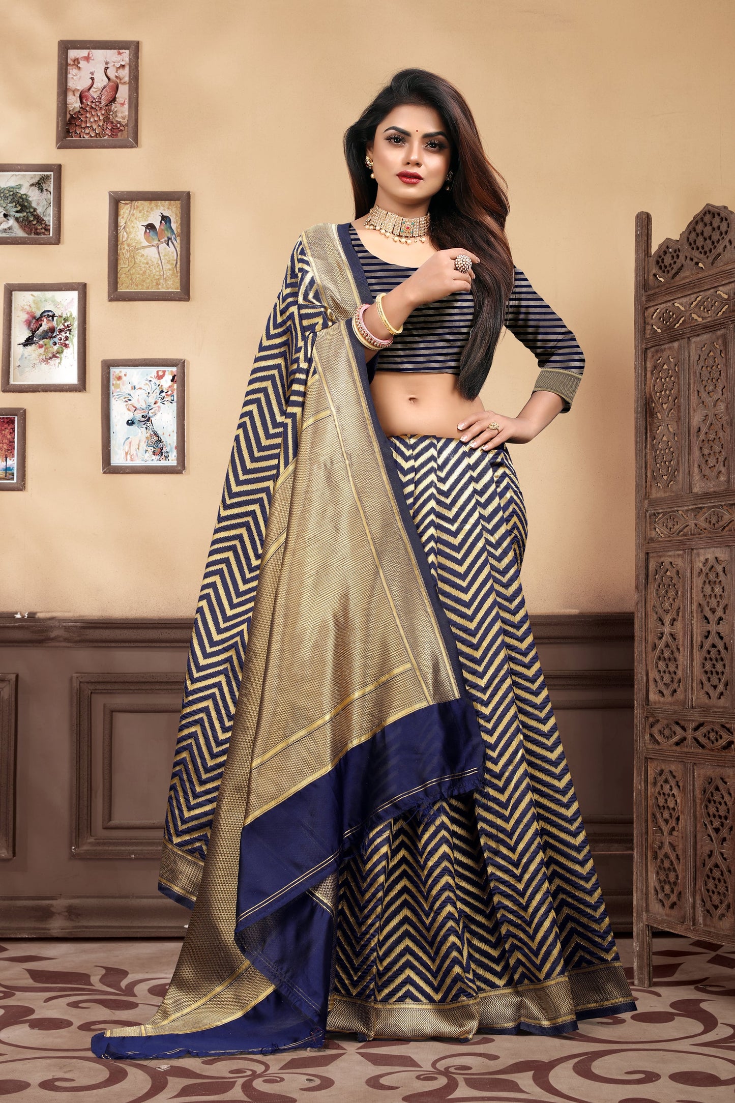 Vedant Vastram Litchi Silk Designer Banarasi Saree - Navy Blue