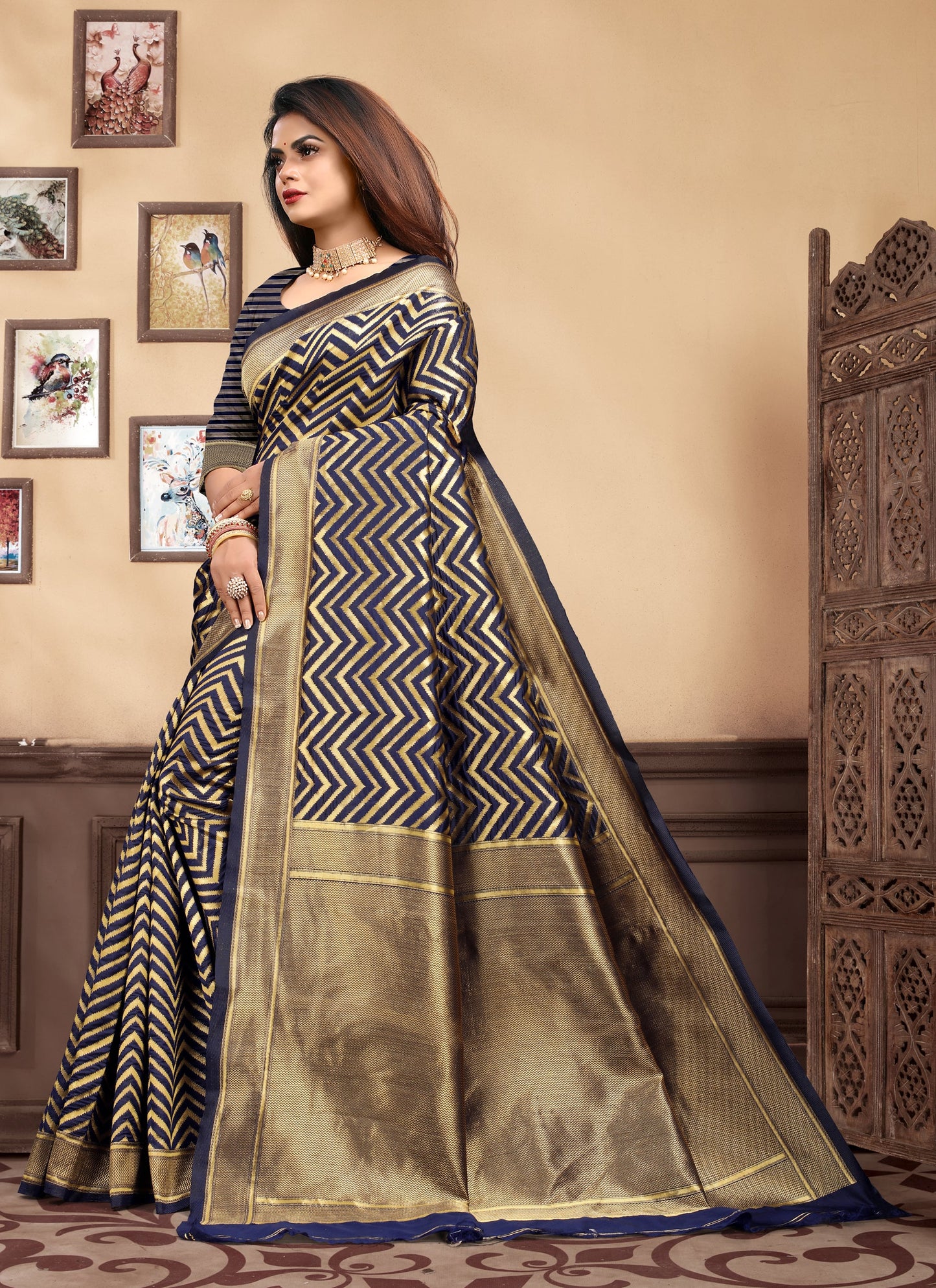 Vedant Vastram Litchi Silk Designer Banarasi Saree - Navy Blue