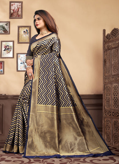 Vedant Vastram Litchi Silk Designer Banarasi Saree - Navy Blue