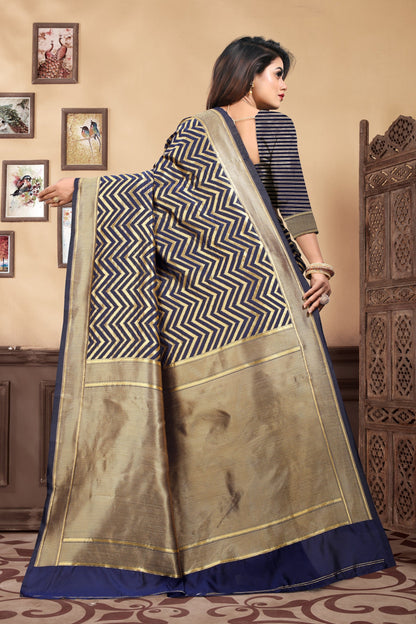 Vedant Vastram Litchi Silk Designer Banarasi Saree - Navy Blue