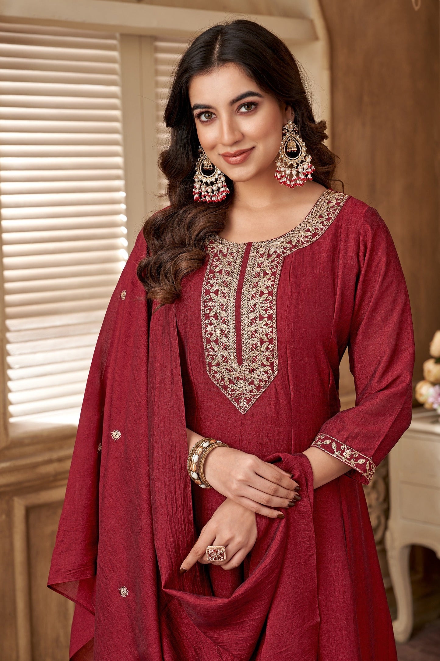 Anaita Maroon Anarkali Readymade Suit with Embroidery Work