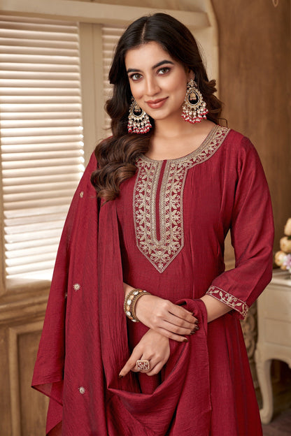 Anaita Maroon Anarkali Readymade Suit with Embroidery Work
