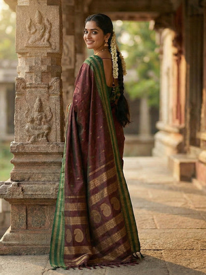 Anaita Maroon Silk Woven Saree With Blouse