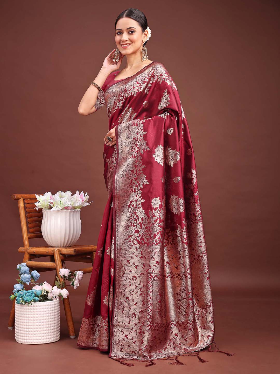 Anaita Maroon Banarasi Silk Woven Work Saree With Blouse