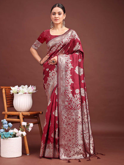 Anaita Maroon Banarasi Silk Woven Work Saree With Blouse