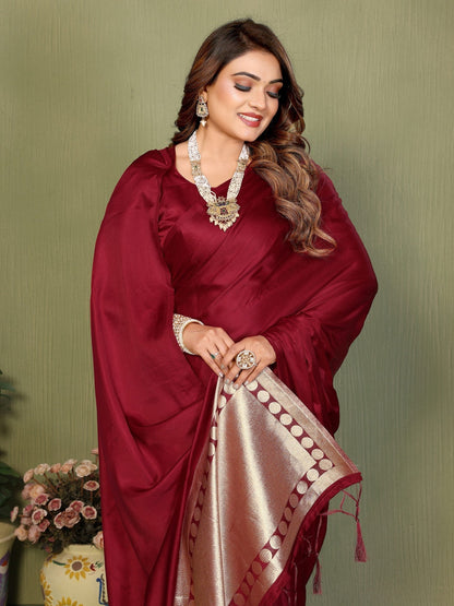 Anaita Maroon Zari Weaving Work Satin Silk Saree With Blouse