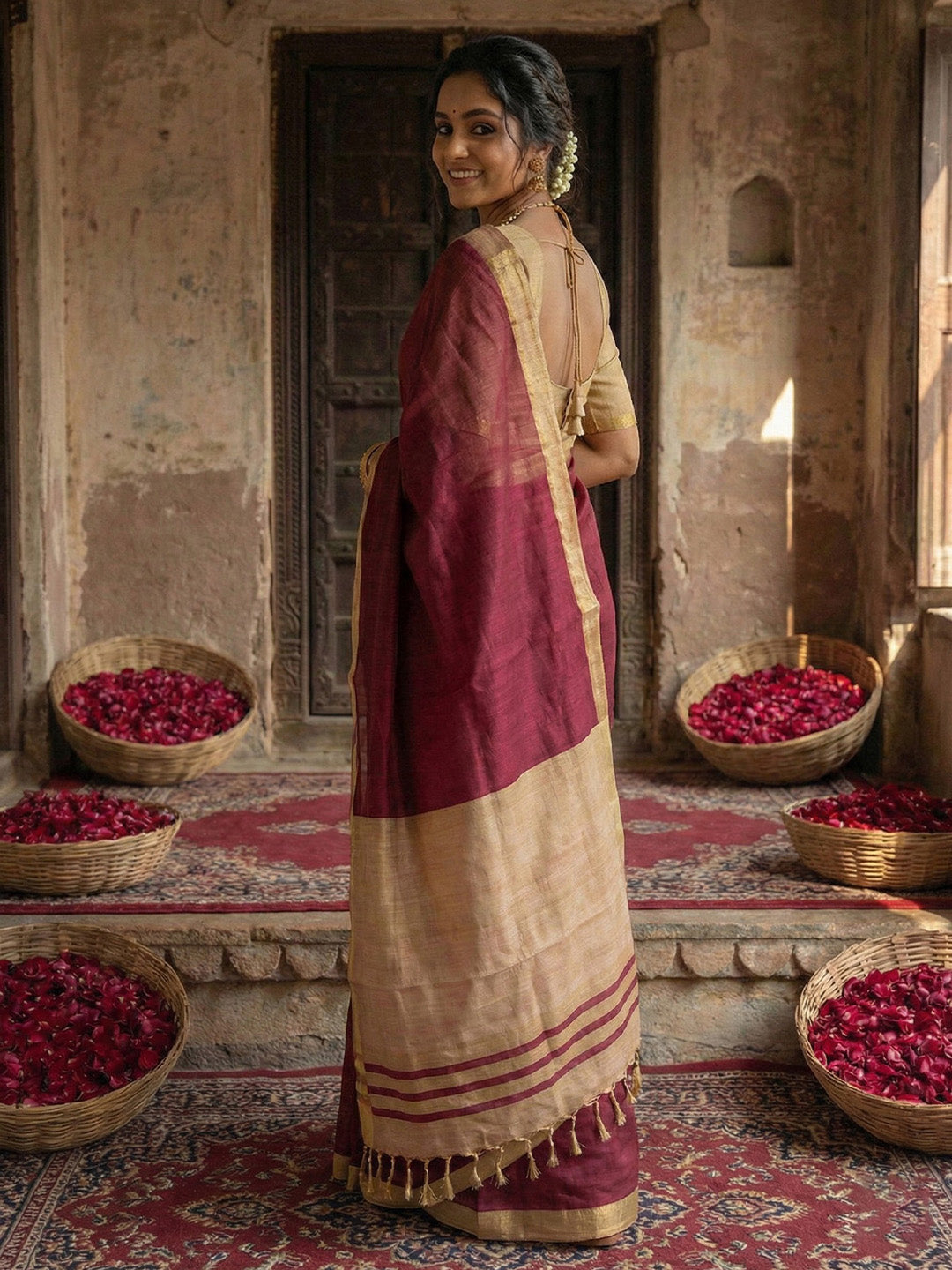 Anaita Maroon Cotton Printed Saree With Blouse