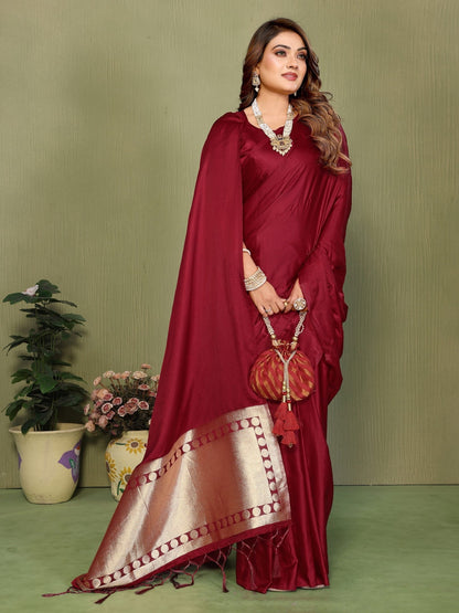 Anaita Maroon Zari Weaving Work Satin Silk Saree With Blouse