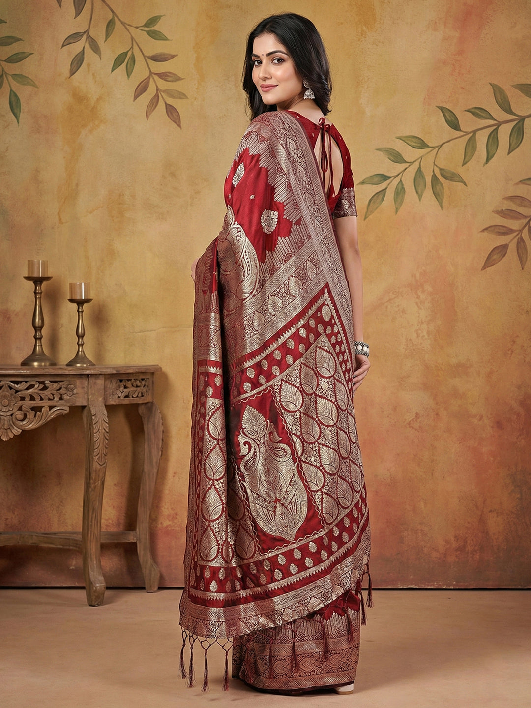 Anaita Maroon Silk Blend Woven Saree With Blouse