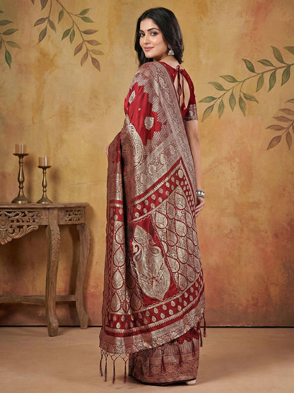 Anaita Maroon Silk Blend Woven Saree With Blouse