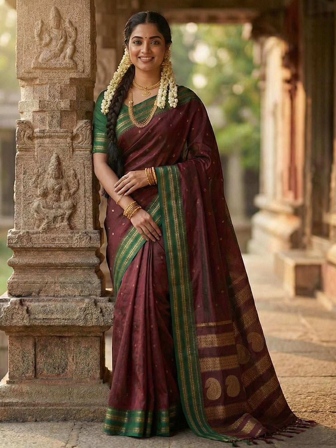 Anaita Maroon Silk Woven Saree With Blouse
