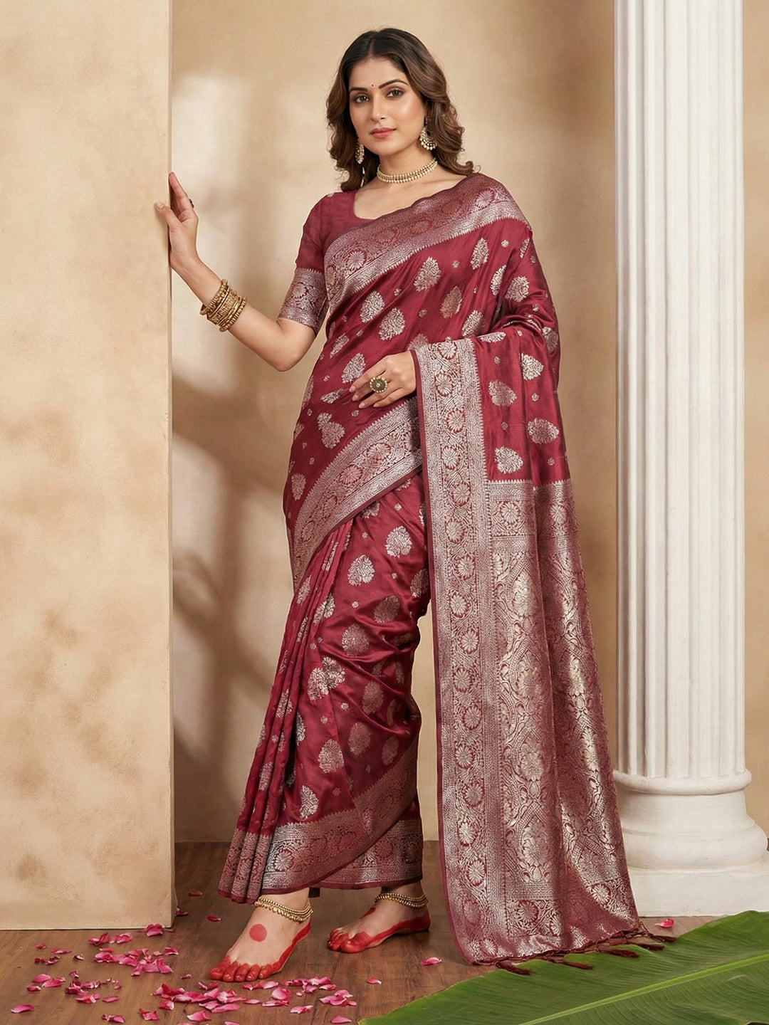 Anaita Maroon Silk Blend Woven Saree With Blouse