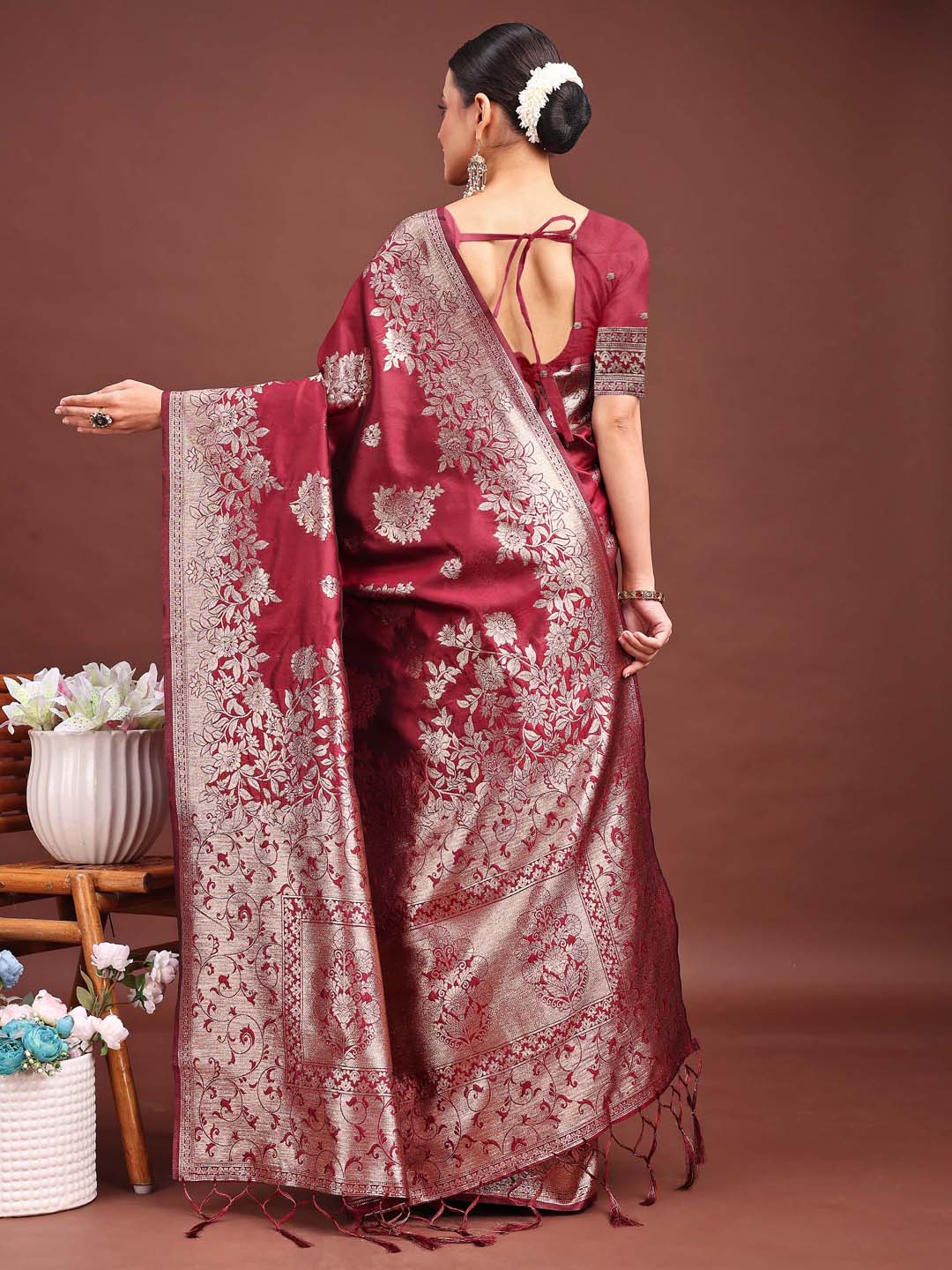 Anaita Maroon Banarasi Silk Woven Work Saree With Blouse