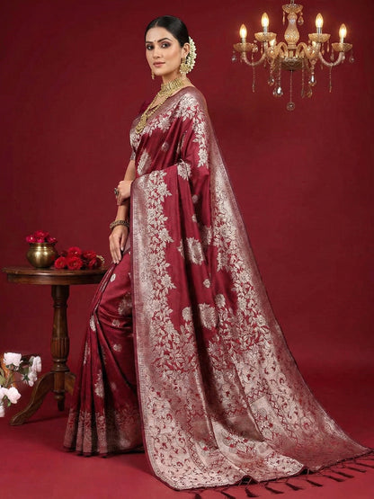 Anaita Maroon Silk Blend Woven Saree With Blouse
