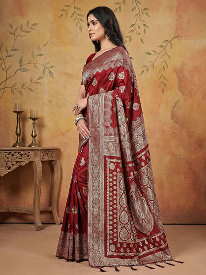 Anaita Maroon Silk Blend Woven Saree With Blouse