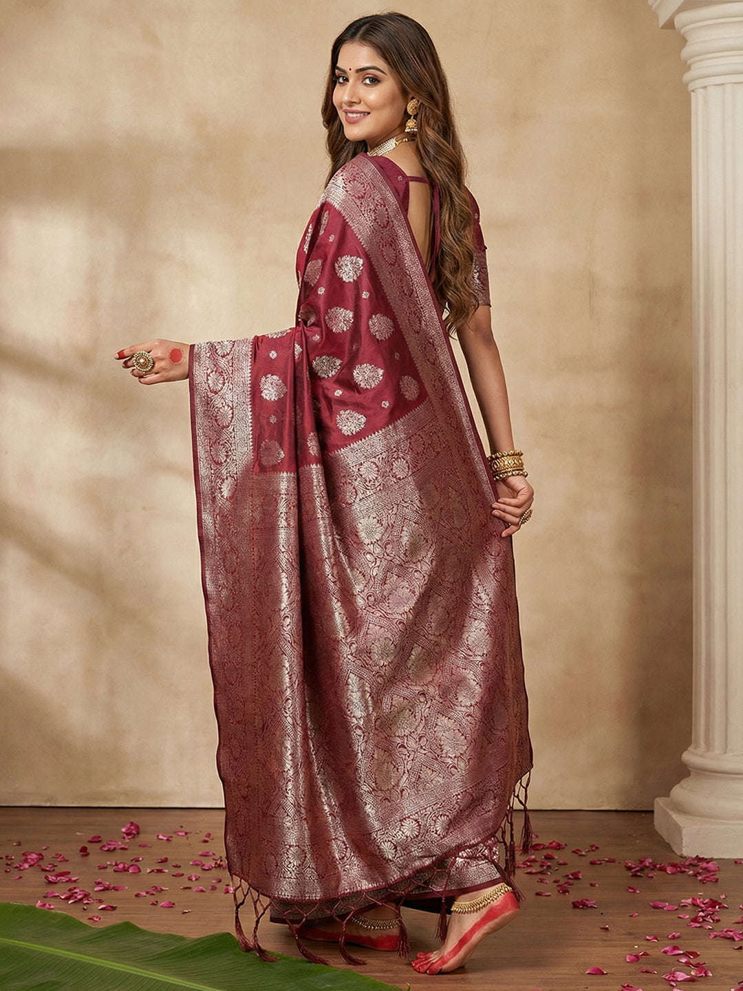 Anaita Maroon Silk Blend Woven Saree With Blouse