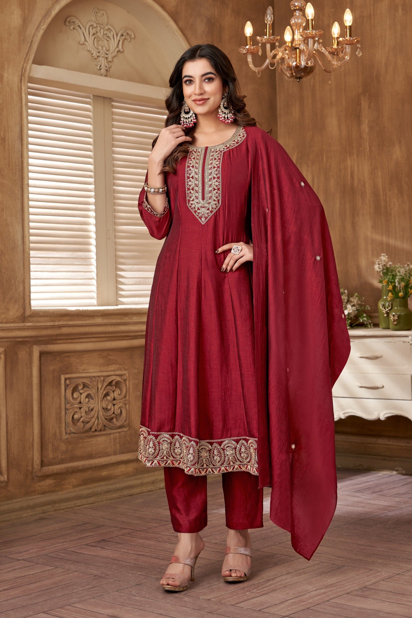 Anaita Maroon Anarkali Readymade Suit with Embroidery Work