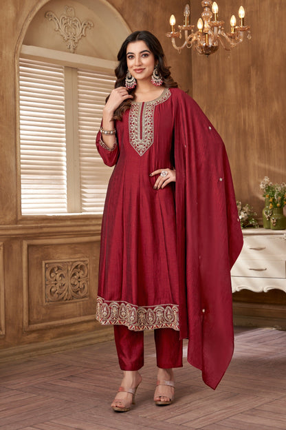 Anaita Maroon Anarkali Readymade Suit with Embroidery Work