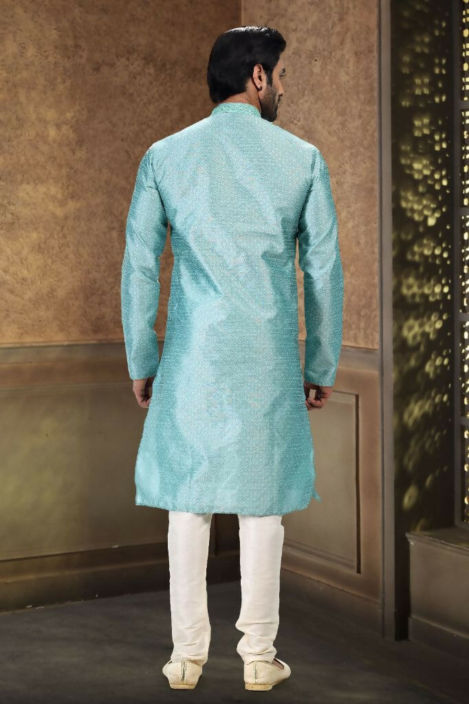 Raivat Ethnic Jacquard Banarasi Silk Thread Work Kurta Pajama In Sky Blue Colour
