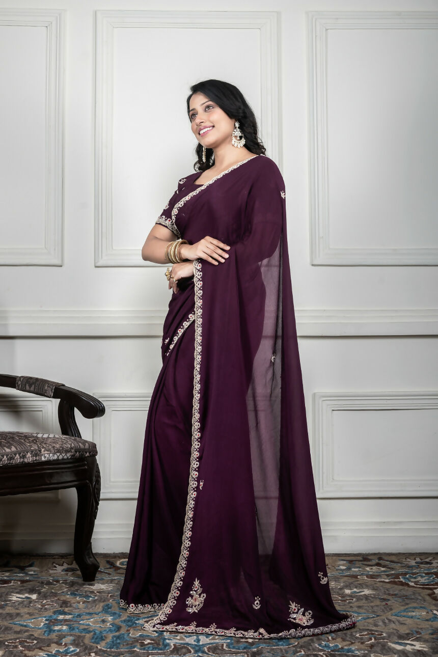 Morchari Wine Chiffon Hand Embroidery Saree And Stitched Blouse