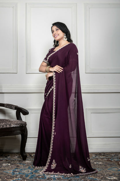 Morchari Wine Chiffon Hand Embroidery Saree And Stitched Blouse