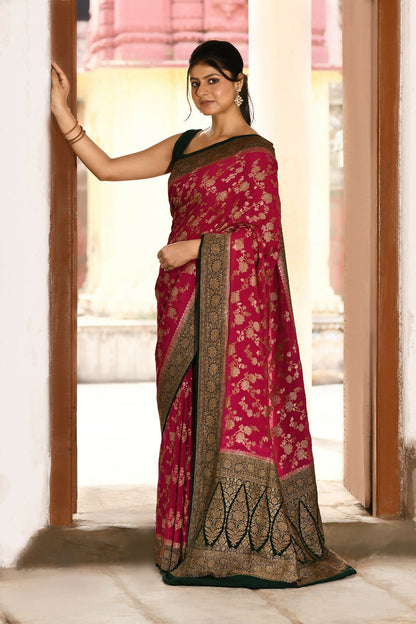 Joban Fashion Hot Pink Crepe Chiffon Pure Handloom Banarasi Silk Saree