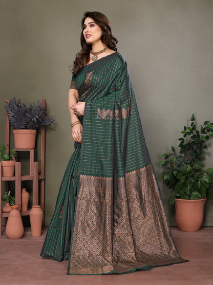 Vedant Vastram Litchi Silk Banarasi Silk Saree - Bottle Green