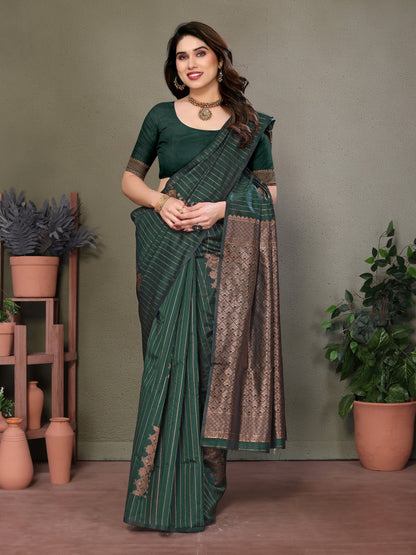 Vedant Vastram Litchi Silk Banarasi Silk Saree - Bottle Green