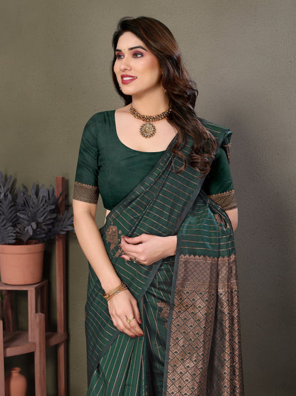 Vedant Vastram Litchi Silk Banarasi Silk Saree - Bottle Green