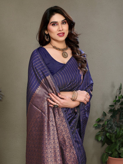Vedant Vastram Litchi Silk Banarasi Silk Saree - Navy