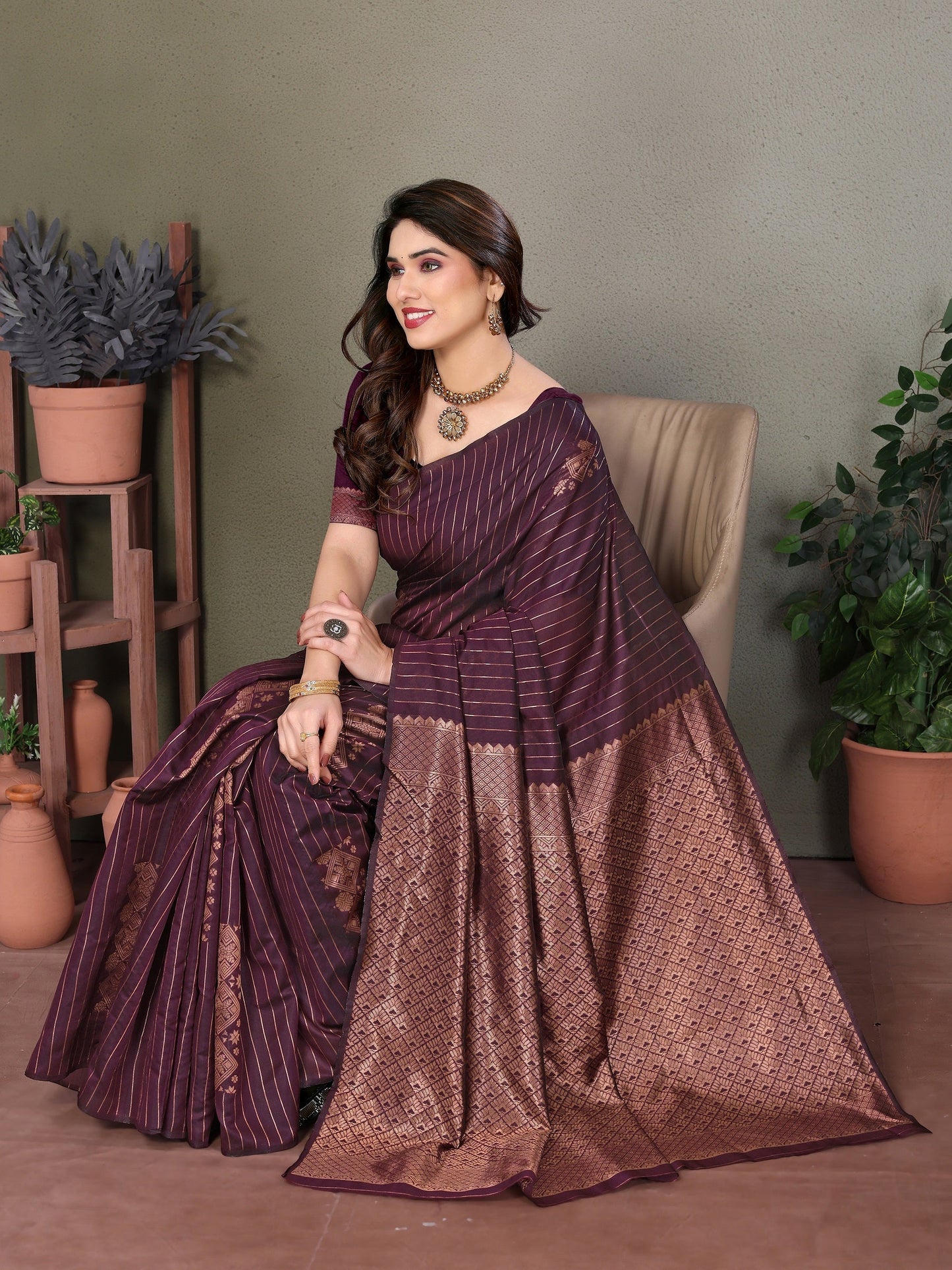 Vedant Vastram Litchi Silk Banarasi Silk Saree - Wine