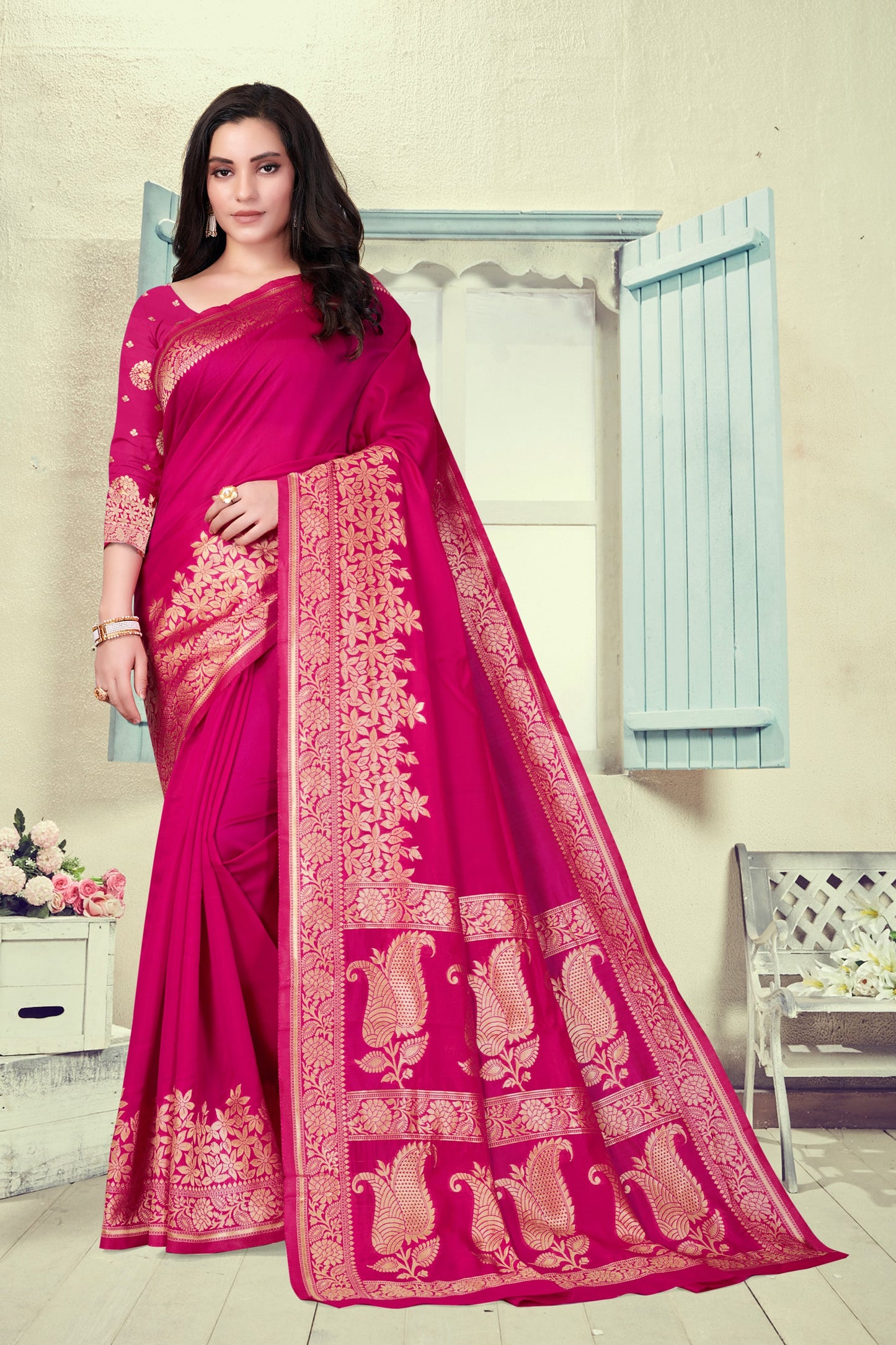 Vedant Vastram Litchi Silk Designer Banarasi Saree - Magenta