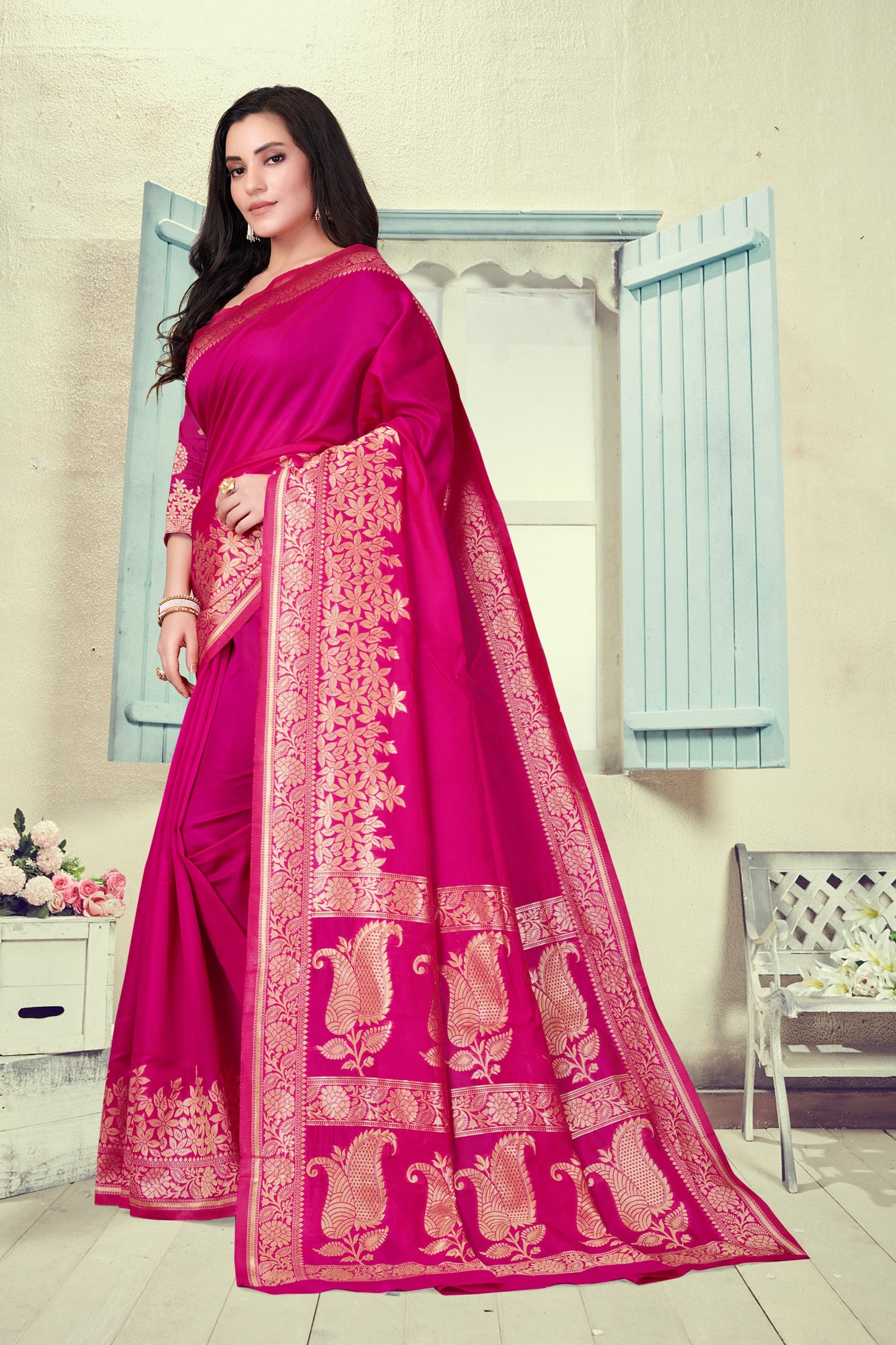 Vedant Vastram Litchi Silk Designer Banarasi Saree - Magenta