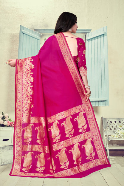 Vedant Vastram Litchi Silk Designer Banarasi Saree - Magenta