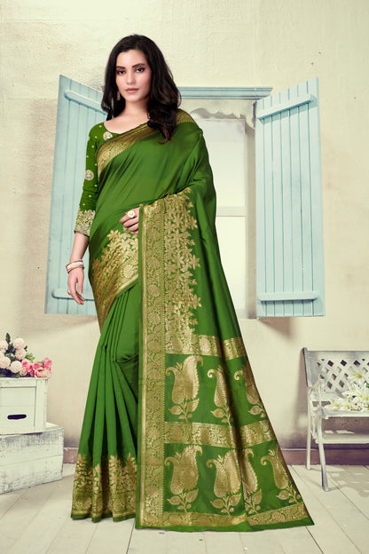 Vedant Vastram Litchi Silk Designer Banarasi Saree - Mehndi