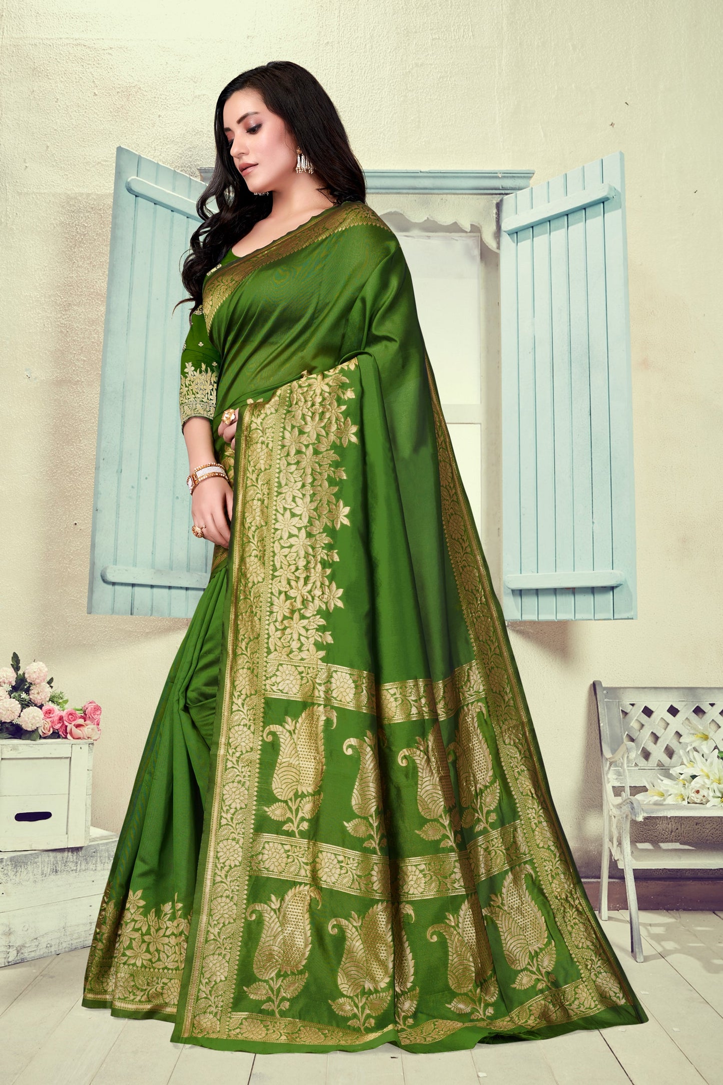 Vedant Vastram Litchi Silk Designer Banarasi Saree - Mehndi