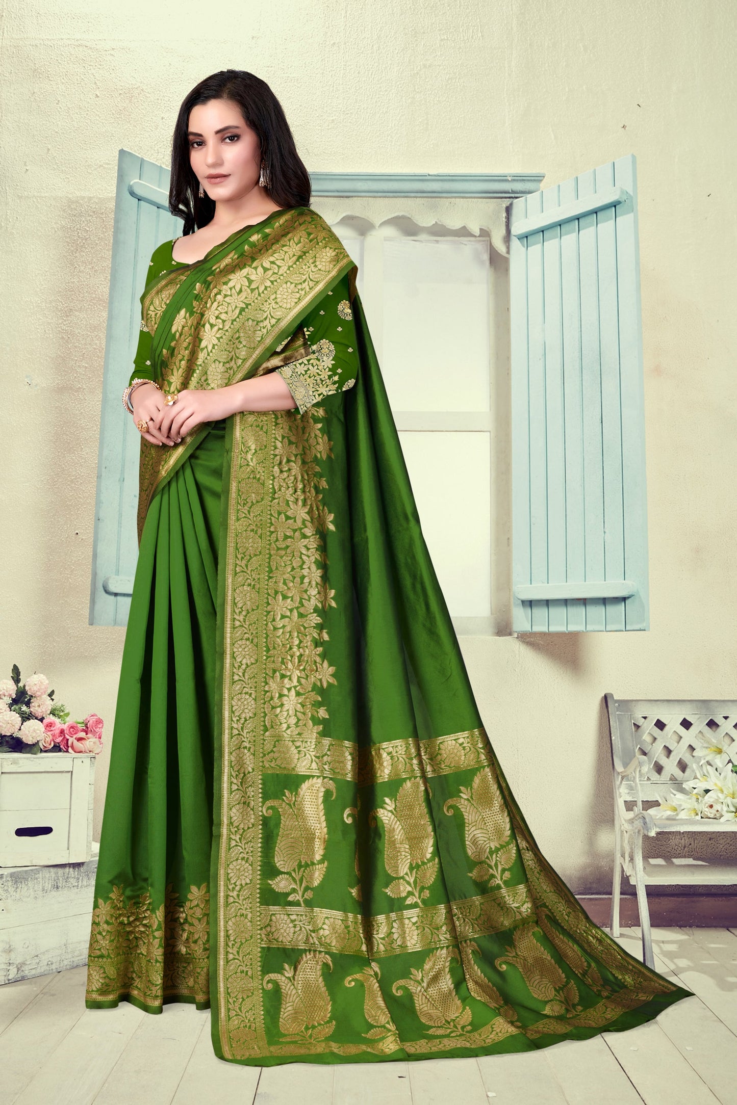 Vedant Vastram Litchi Silk Designer Banarasi Saree - Mehndi