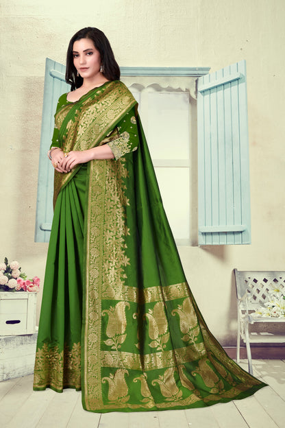 Vedant Vastram Litchi Silk Designer Banarasi Saree - Mehndi