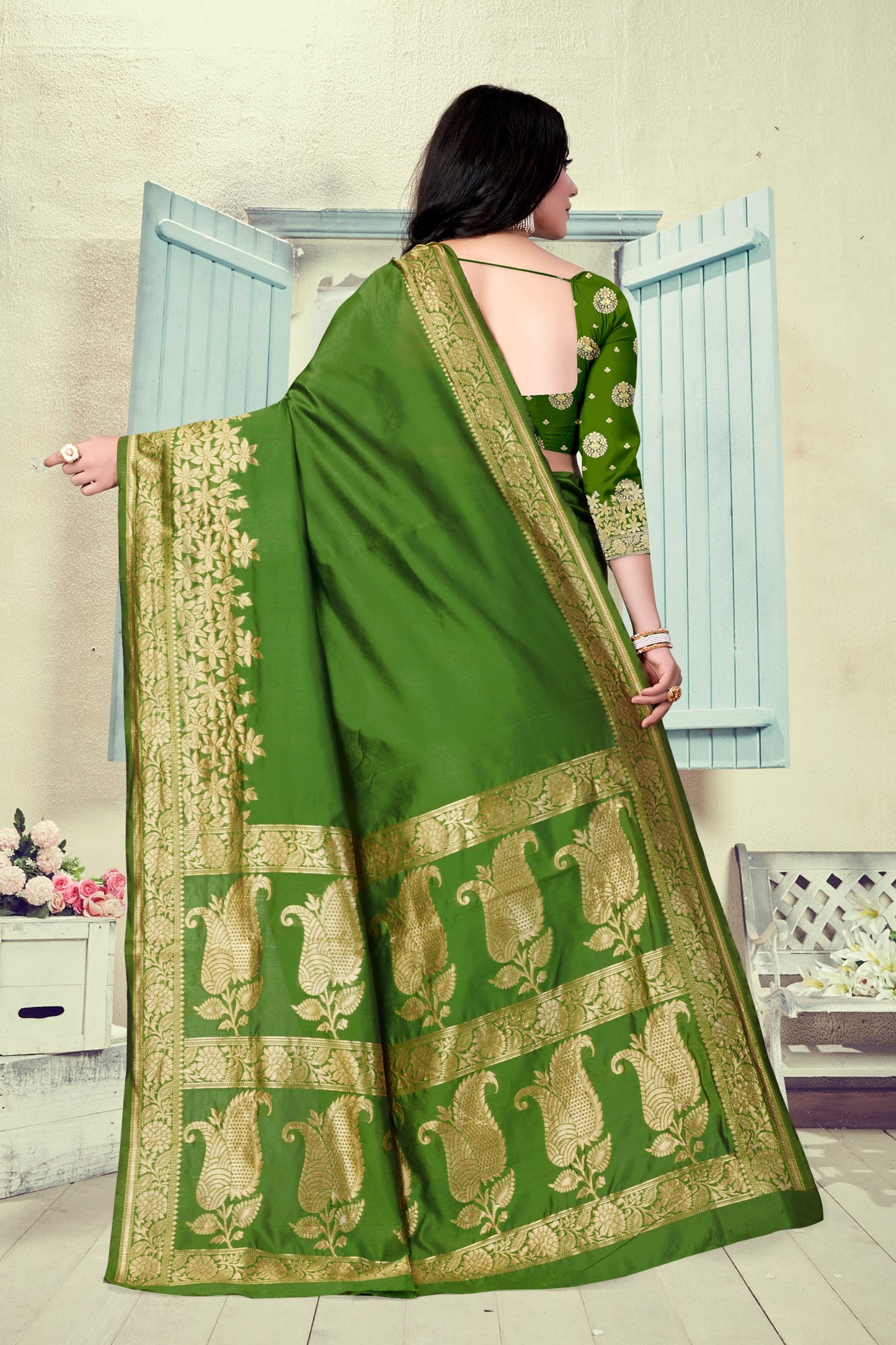 Vedant Vastram Litchi Silk Designer Banarasi Saree - Mehndi