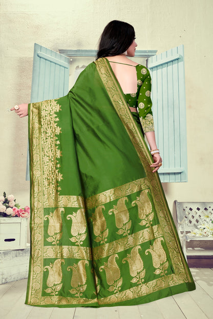 Vedant Vastram Litchi Silk Designer Banarasi Saree - Mehndi