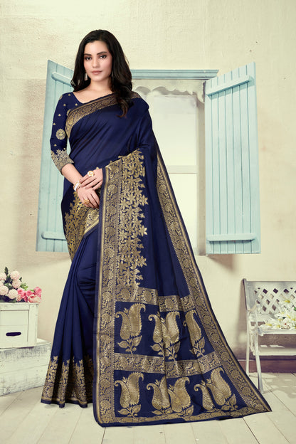 Vedant Vastram Litchi Silk Designer Banarasi Saree - Navy Blue