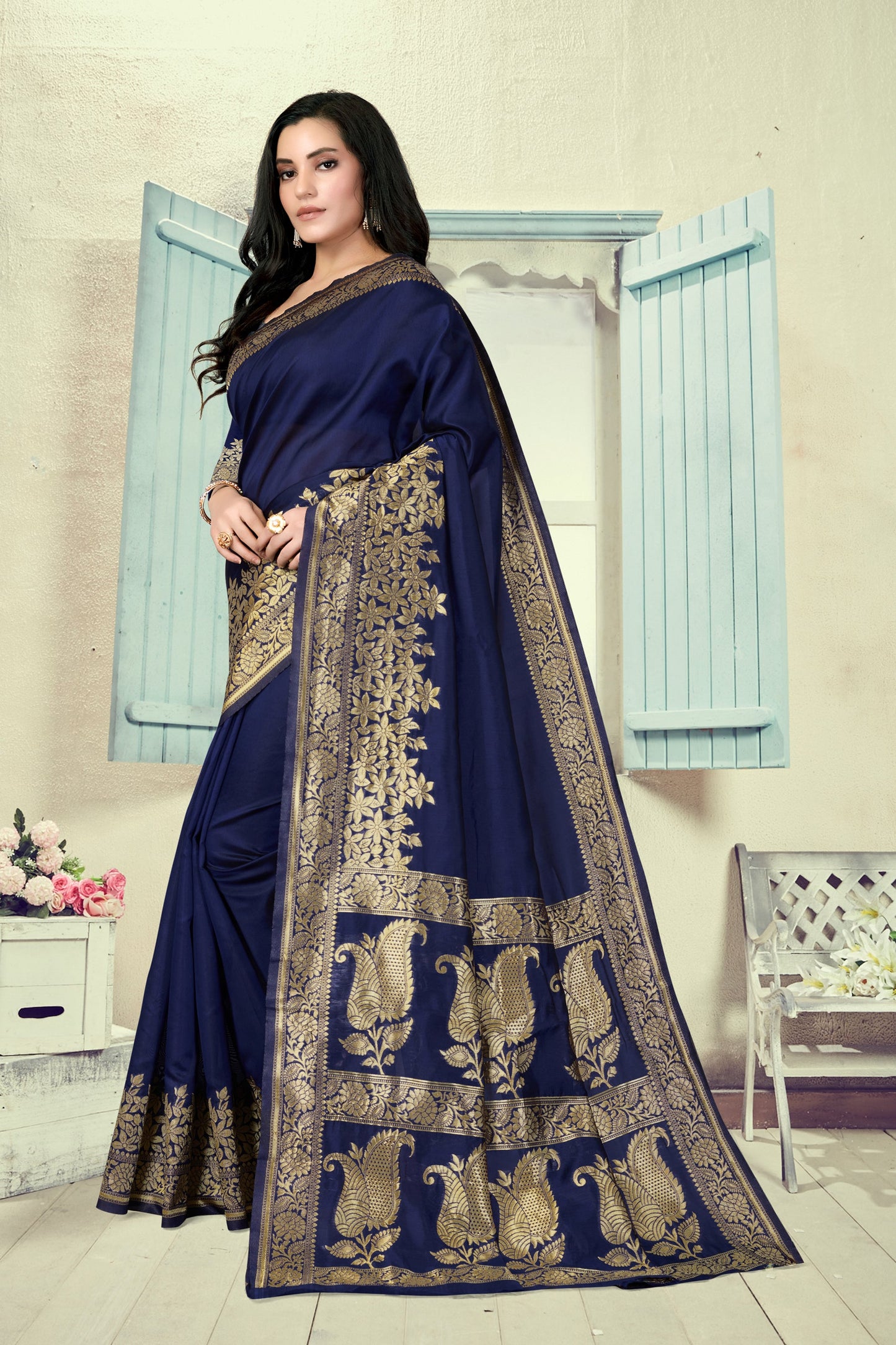 Vedant Vastram Litchi Silk Designer Banarasi Saree - Navy Blue