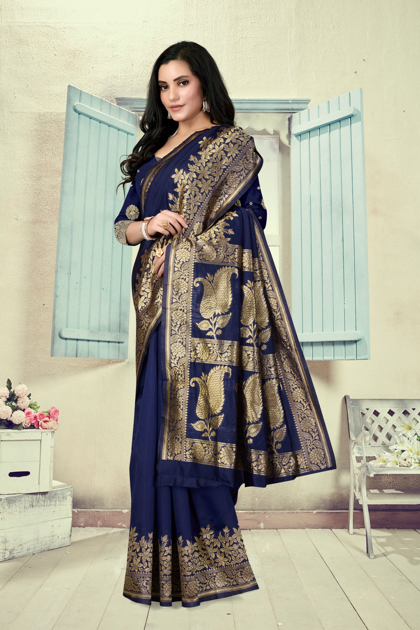 Vedant Vastram Litchi Silk Designer Banarasi Saree - Navy Blue