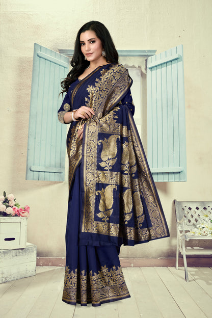 Vedant Vastram Litchi Silk Designer Banarasi Saree - Navy Blue